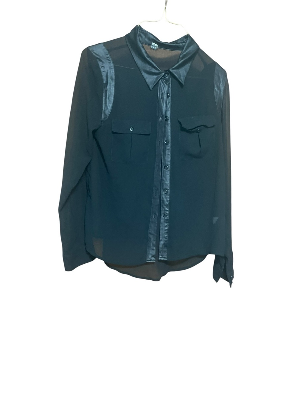 Poof Couture Black Sheer Button-Down with Faux Leather Accents